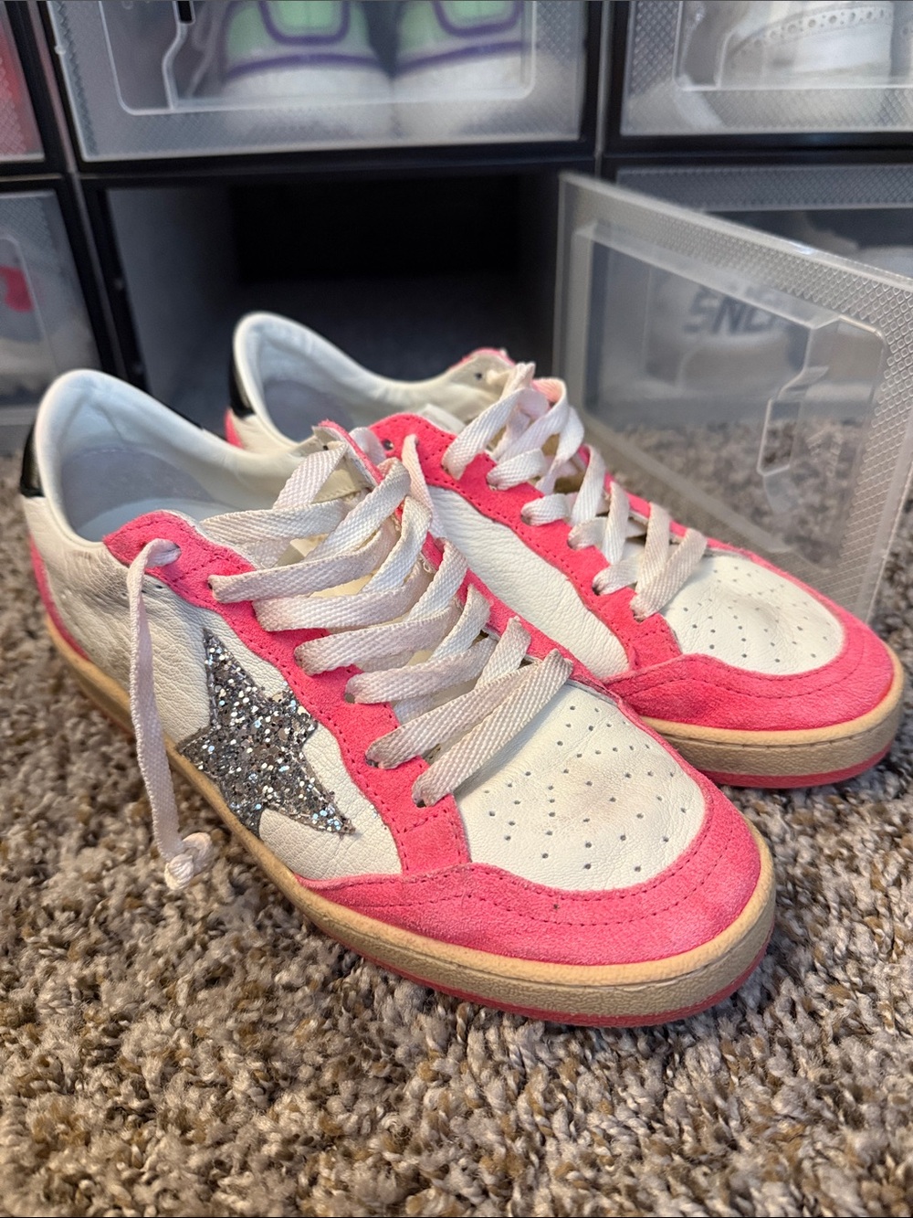 Golden Goose Women's White Sneakers with Pink Suede and Silver Glitter Star